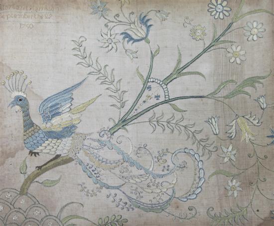 An 18th century needlework panel of a peacock on a branch by Margaret Harrisson, 1740, 11 x 14in.